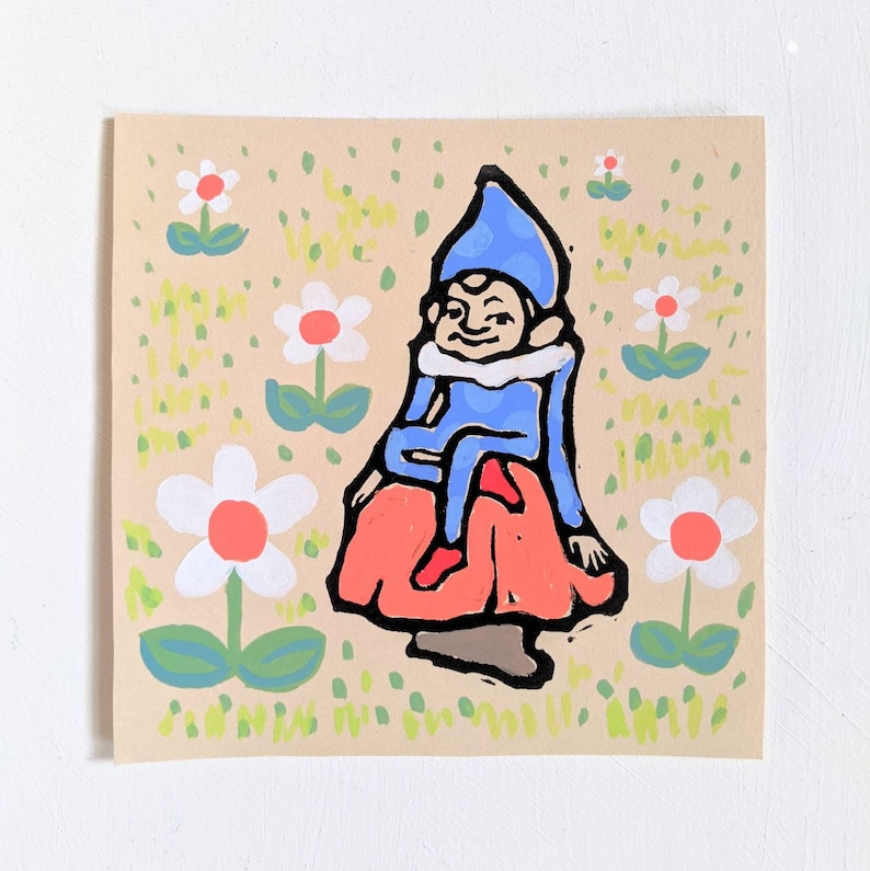 Elf On A Mushroom Linocut Print