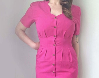 1980s Hot Pink Sweetheart Pencil Dress, 80s does 40s pink dress, sweetheart neckline dress, pink button front dress