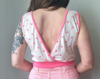 Plunge back wrap-over 1980s neon pink polka dot crop top, 80s plunge back wrap-over top, 80s polka dot top, polka dot vintage top