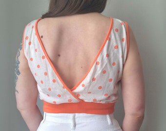 Plunge back wrap-over 1980s orange polka dot crop top, 80s plunge back wrap-over top, 80s polka dot top, polka dot vintage top