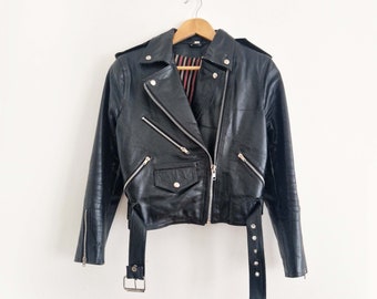 1980s Vintage Studded Leather Biker Jacket, 1980s Leather Jacket, Vintage Motorcycle Jacket, 2-way leather jacket