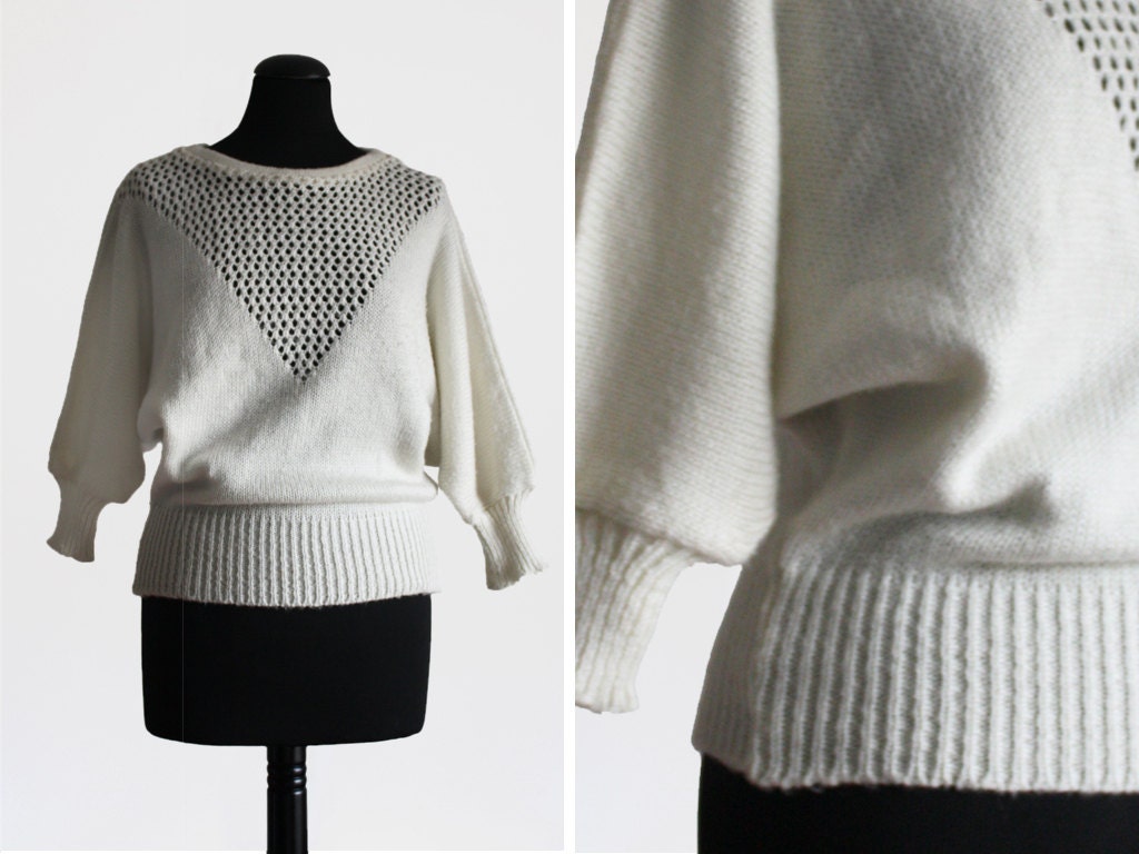 1980s Vintage Cream Batwing Jumper With Lace Knit Detail Etsy UK