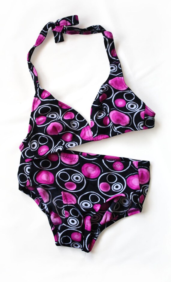 Girls Psychedelic Print Black Halter-neck Bikini