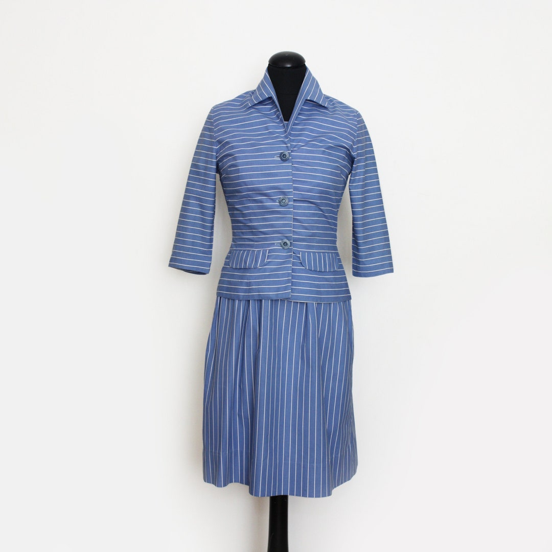 Tailleur veste et robe à rayures bleues des années 50 Canada