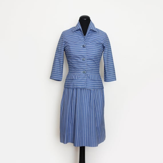 1950s Blue Striped Dress And Jacket Suit - image 1