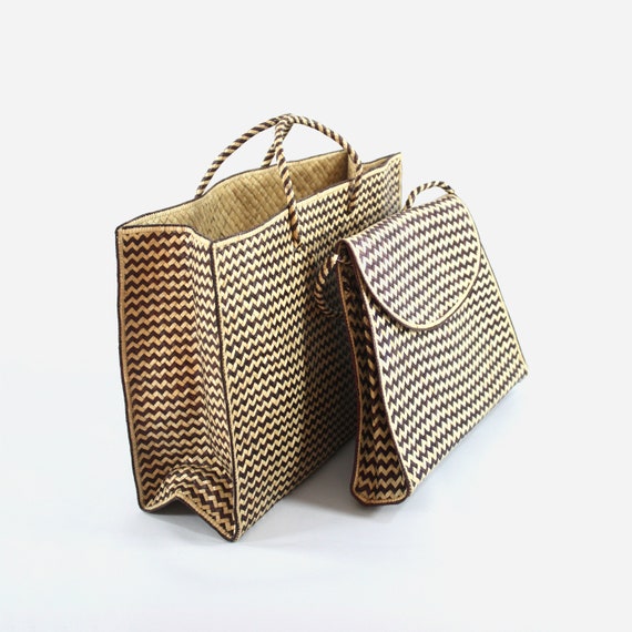 Straw Tote and Shoulder Bag Set, Zig Zag Seagrass