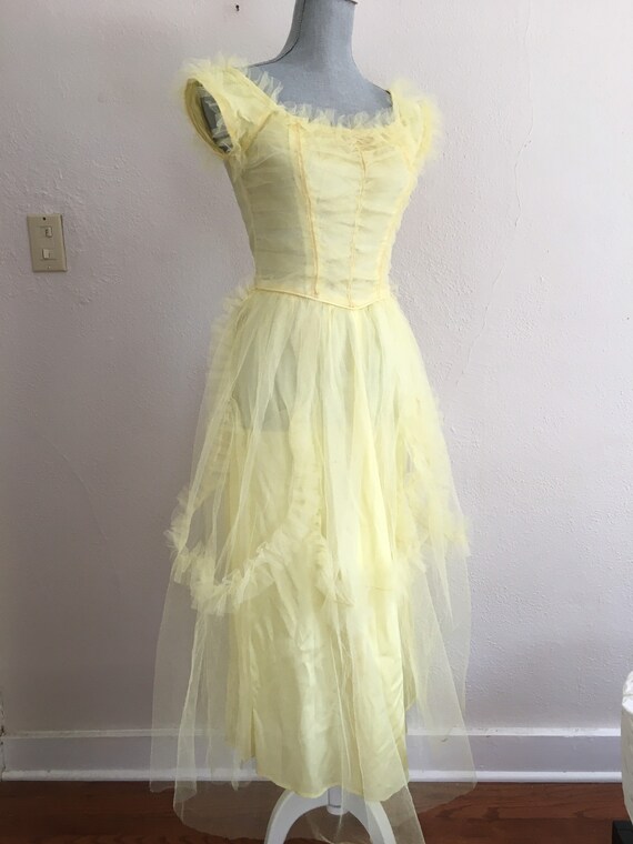 Vintage prom dress tulle 50’s yellow lace XS