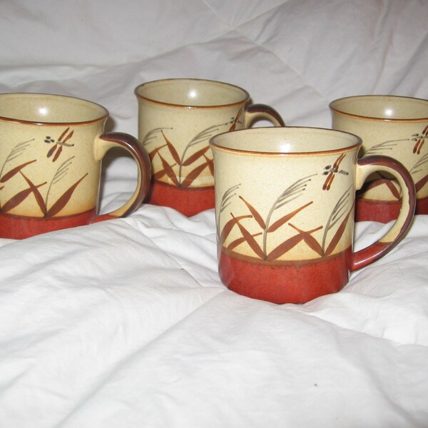 1970's Mugs 4 VTG Spring UpCycled-Ceramics Grasses, Dragonflies, Spring!