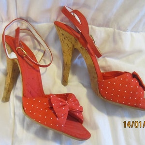 CANDIES Sexy Vintage 1980s Sz 8 Ankle-Strap Red Polka-dot Stilletto Cork Heels with Bows - SALE 20% OFF