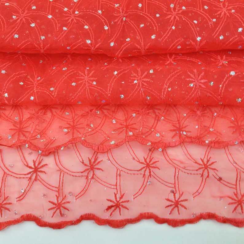 Red Embroidered Floral Scallop Lace Tulle Fabric Scallop Etsy