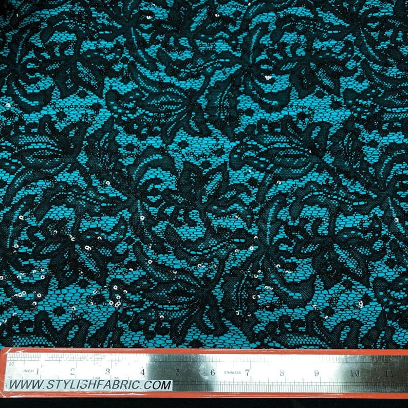 Ariana Black Sequins Floral Bonded Lace on Turquoise Interlock Lining Fabric Style 438