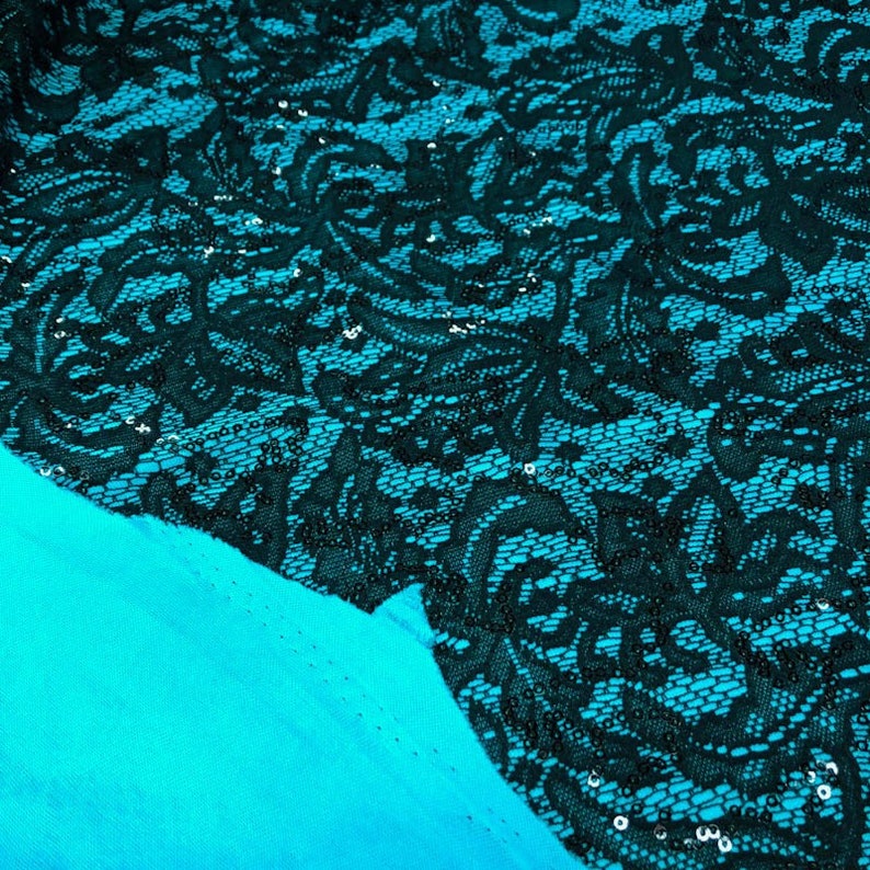 Ariana Black Sequins Floral Bonded Lace on Turquoise Interlock Lining Fabric Style 438