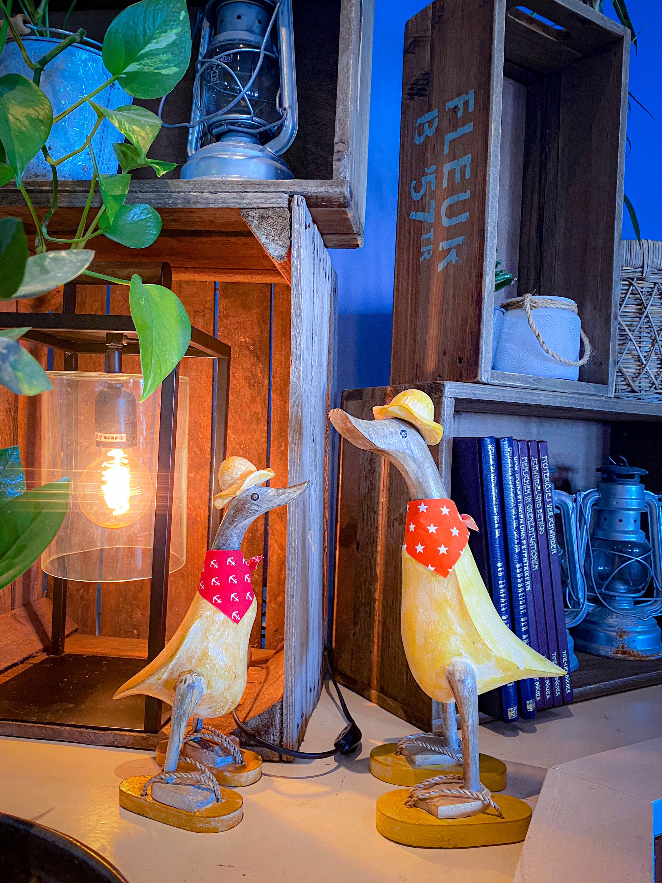 Wooden walking duck with flip flops and hat in antique yellow 35 cm