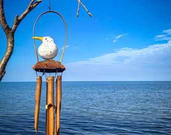 Wooden seagull wind chime with bamboo