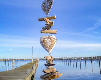 Wind chime 3 hearts made of wood antique natural white shabby chic with driftwood natural stone wall decoration.