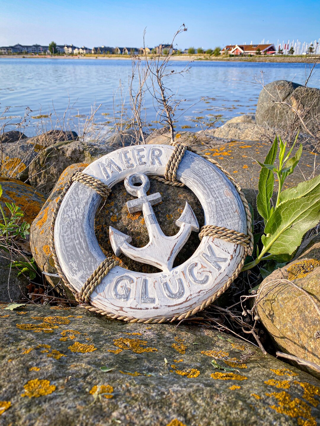 Life Ring Anchor Made of Wood ANTIQUE WHITE GRAY With Text meer Glück ...