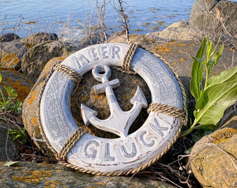 Life ring anchor made of wood ANTIQUE WHITE GRAY with text "Meer Glück" approx. 30 x 30 cm.