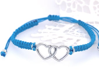 Friendship bracelet blue with HEART of metal braided and adjustable