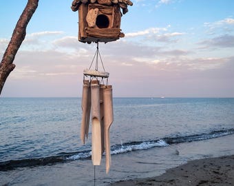 Birdhouse made of driftwood, wind chime with bamboo sound system