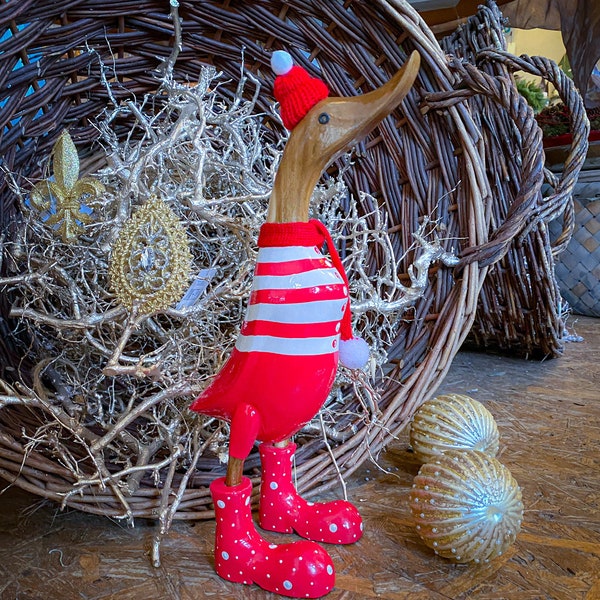 Running duck with bobble hat and scarf boots in red and white striped shirt approx. 25 cm high