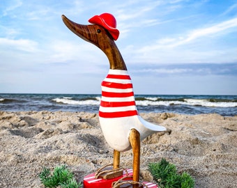 Laufente with hat and flip-flop in red and white striped about 28 cm high