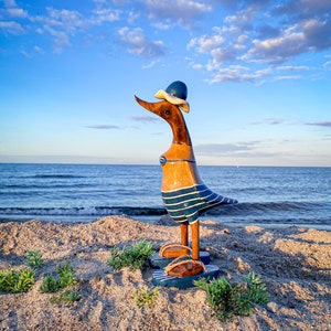 Running duck with hat and flip flops in dark blue and white striped bikini 28 cm high image 1