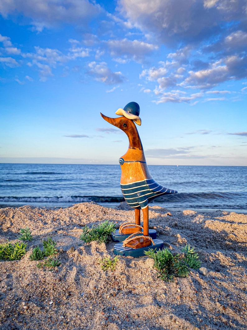 Running duck with hat and flip flops in dark blue and white striped bikini 28 cm high image 1