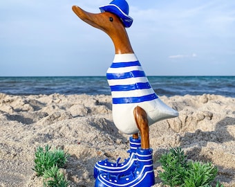 Running duck with hat and boots blue and white striped 35 cm high