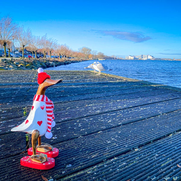 Wooden duck red heart flip flop with bobble hat and scarf about 25 cm.