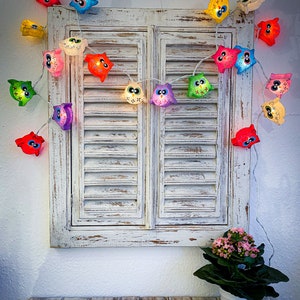 String of lights with 20 handmade paper lanterns, owl motif