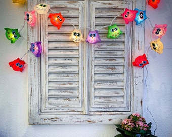 String of lights with 20 handmade paper lanterns, owl motif