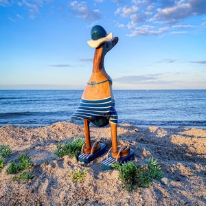 Running duck with hat and flip flops in dark blue and white striped bikini 28 cm high image 2