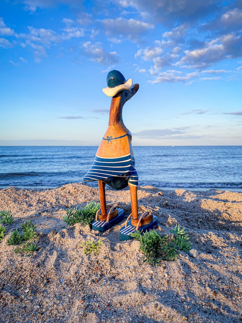 Running duck with hat and flip flops in dark blue and white striped bikini 28 cm high image 2