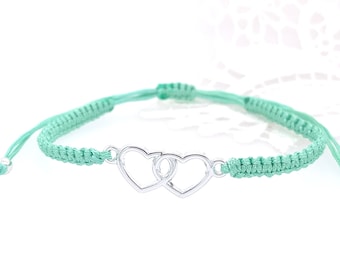 Friendship bracelet mint with HEART of metal braided and adjustable