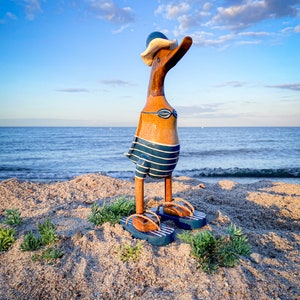 Running duck with hat and flip flops in dark blue and white striped bikini 28 cm high image 3