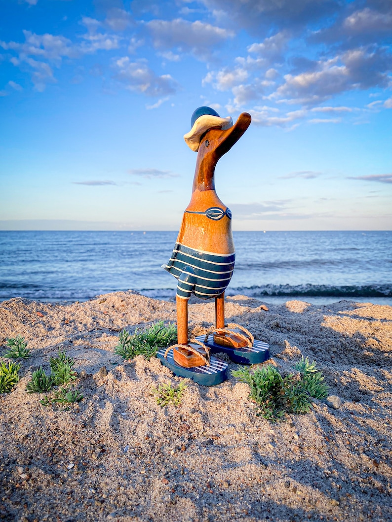 Running duck with hat and flip flops in dark blue and white striped bikini 28 cm high image 3