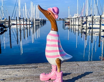 Runner duck with hat and boots pink and white striped approx. 35cm high