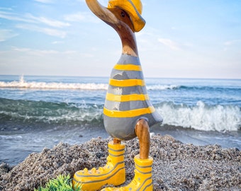 Running duck with hat and boots in yellow-grey stripes 25 cm high