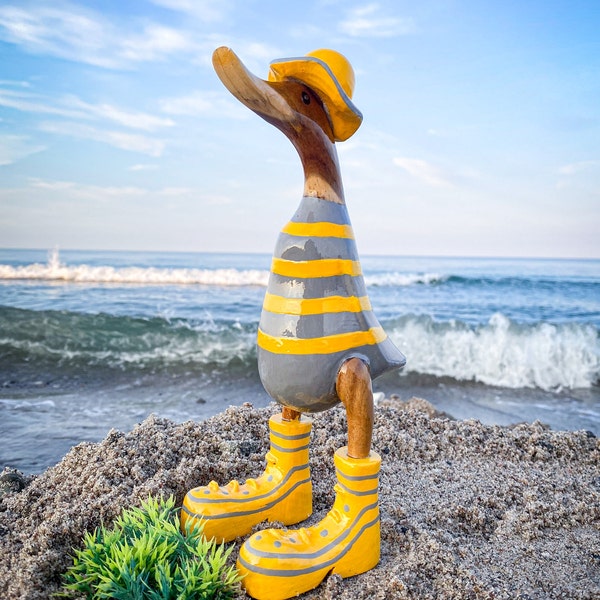 Running duck with hat and boots in yellow-grey stripes 25 cm high