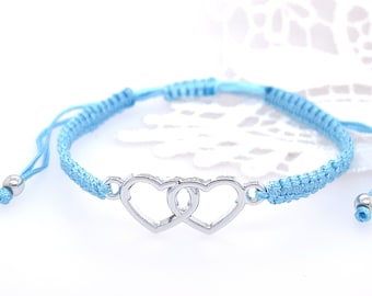 Friendship bracelet blue with HEART of metal braided and adjustable