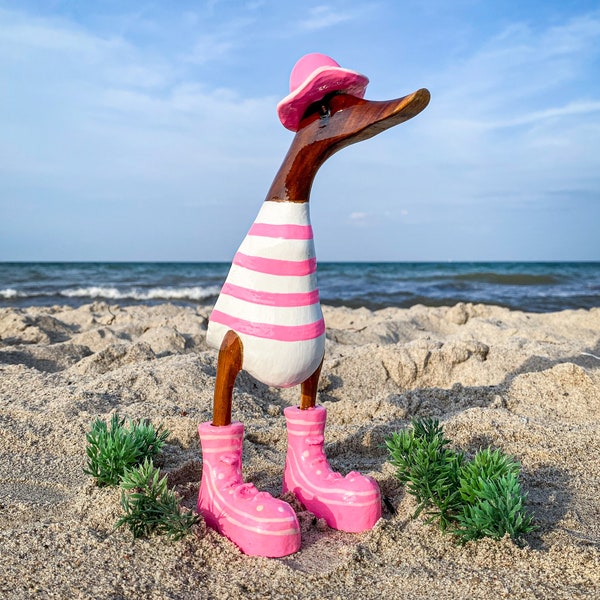 Laufente with hat and boots in pink-white striped 28 cm high