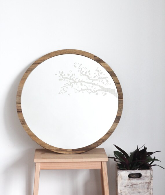 Large round mirror // Branches cross stitch mirror // | Etsy