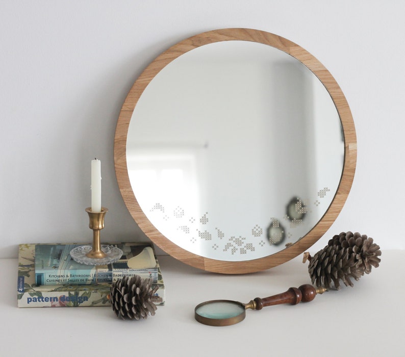 Large round mirror // Birds cross stitch mirror // Decorative Etsy