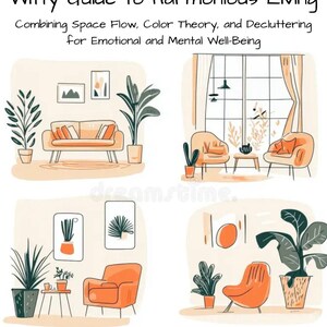 May include: An illustrated book cover titled "Interior Design for the Mind: A Witty Guide to Harmonious Living." The cover features interior design sketches with furniture and plants in a warm colour palette. Text includes "Combining Space Flow, Color Theory, and Decluttering for Emotional and Mental Well-Being."