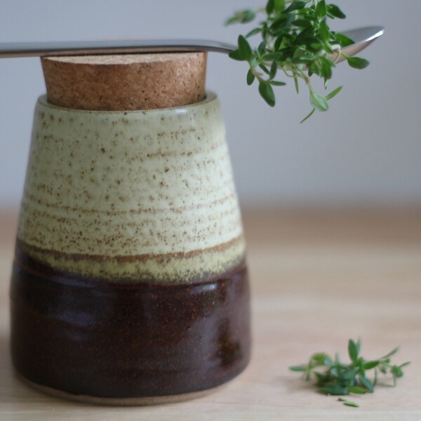 SALE -  Kitchen storage jar.  Modern Ceramic chocolate brown and oatmeal glazed stoneware with natural cork stopper.
