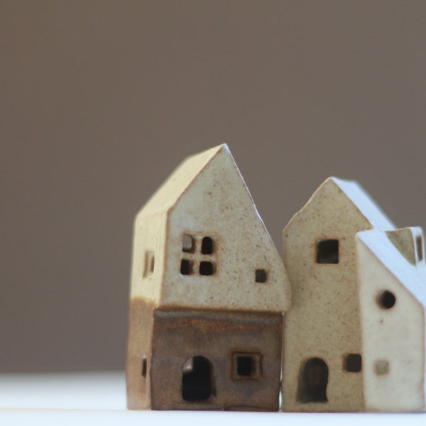 Miniature ceramic houses, pottery houses 2 little houses, a tiny pair of ceramic cottages.  Little houses tiny cottages.  housewarming gift