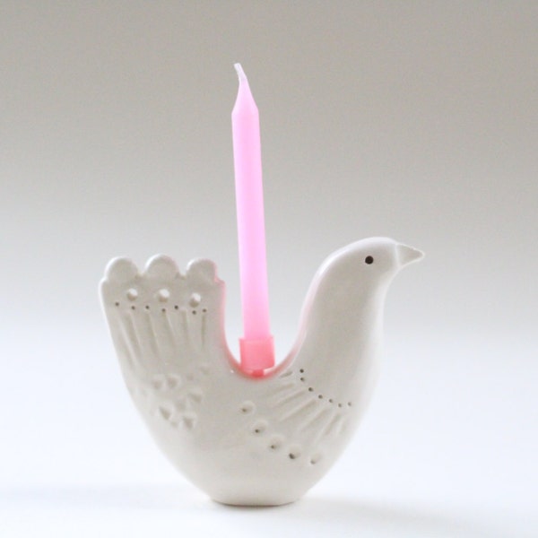 Ceramics and pottery. White bird candle holder Birthday cake decoration First birthday Heirloom decoration, birthday candle, bird decoration