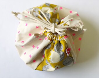 Japanese Kinchaku Drawstring pouch, Carry all, knitting bag, Magic Forest Squirel
