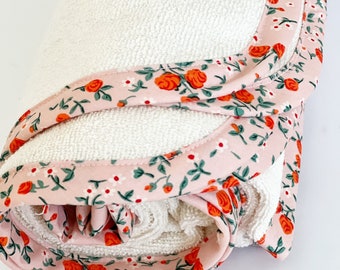 Organic cotton terry XLarge oversized Bath towel with fabric trim, Organic bath sheet, Heather Ross roses