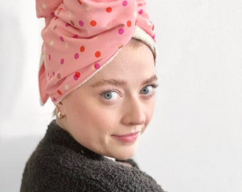 Organic cotton terry Hair Wrap, Reversible, double sided, spa day, hair towel, Polka Pink